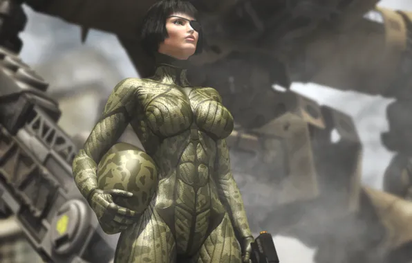 Chest, look, girl, rendering, gun, fiction, costume, helmet