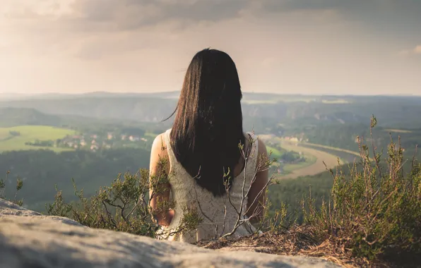 Girl, rock, river, long hair, dress, mountain, evening, village