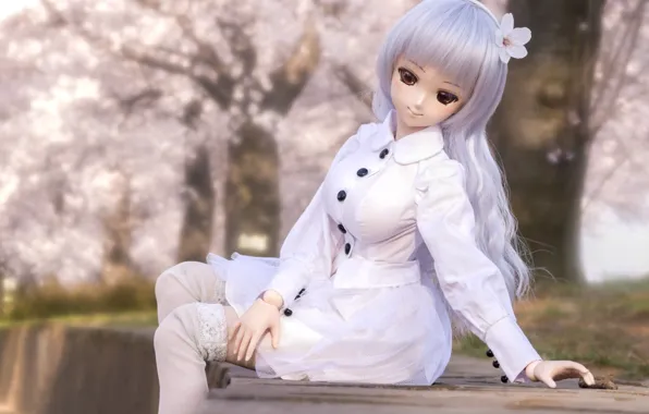 Clothing, toy, doll, white, sitting, long hair