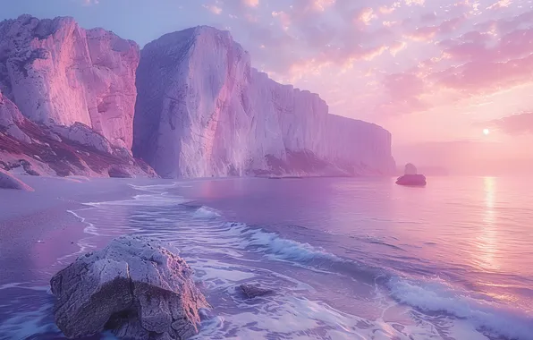 The sun, Clouds, Sea, Rocks, Dawn, Coast, Digital art, AI art