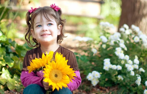 Picture look, leaves, joy, sunflowers, flowers, nature, children, face