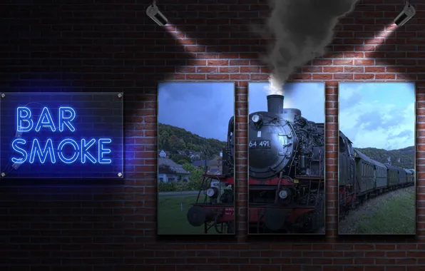 Picture steam locomotive, neon sign, bar smoke, my works