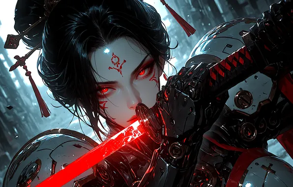 Girl, sword, fantasy, armor, red eyes, katana, digital art, artwork