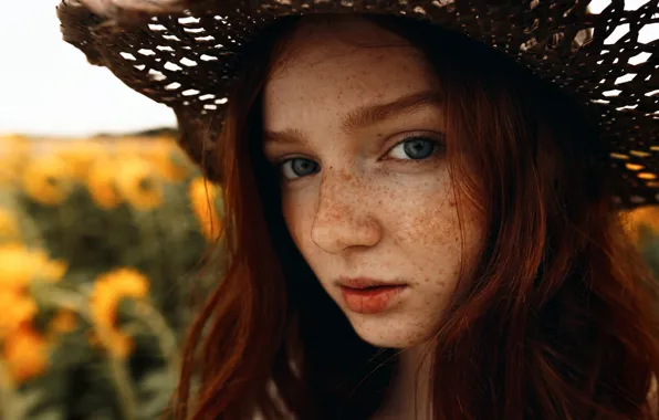 Picture look, girl, sunflowers, close-up, face, background, model, portrait