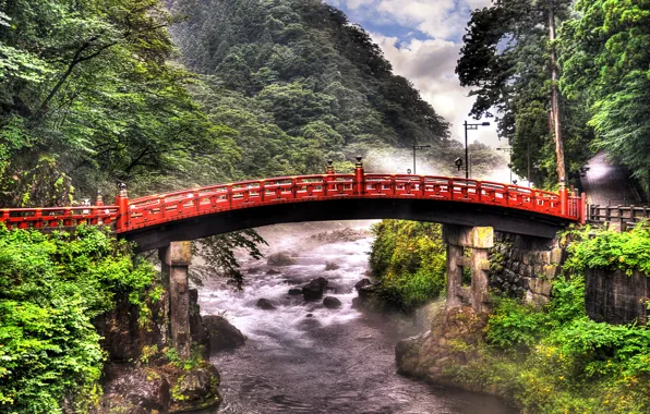 Picture greens, trees, bridge, stones, for, mountain, Japan, Tokyo
