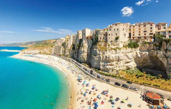 Beach, sea, tourism, cliff, vehicles