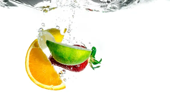 Lemon, water, orange, splash, strawberry, fruits