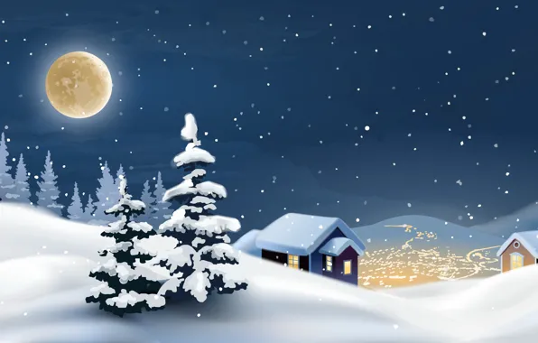 Winter, snow, night, tree, village, Christmas, moon, christmas
