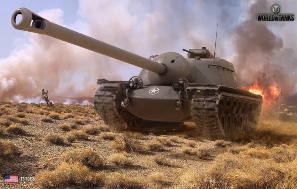 Field, fire, smoke, explosions, battle, American, World of Tanks, PT-ACS
