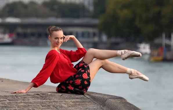 Girl, pose, river, dress, legs, ballerina, promenade, Anastasiya
