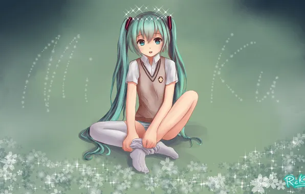 Picture look, girl, smile, vocaloid, hatsune miku, sitting, Vocaloid, art