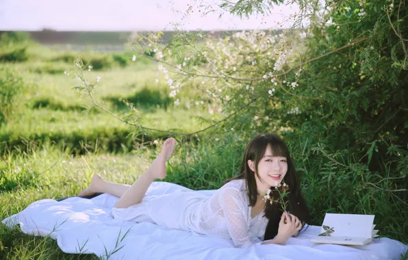 Nature, Beautiful, Asian, Model, Smile, Woman, Pretty, Reading