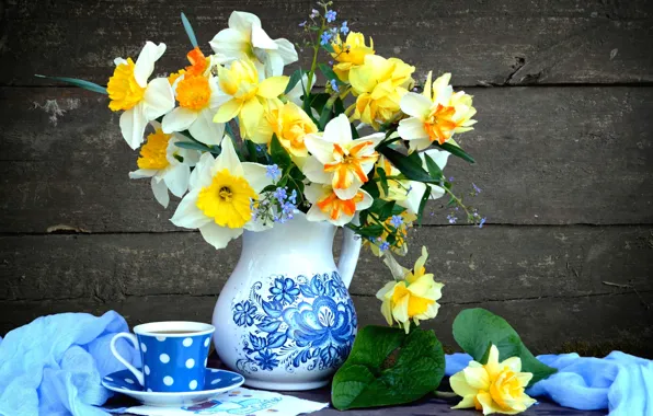 Picture bouquet, Cup, pitcher, still life, daffodils