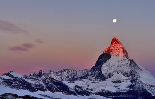 Snow, the moon, mountain, Alps, top, twilight, peak