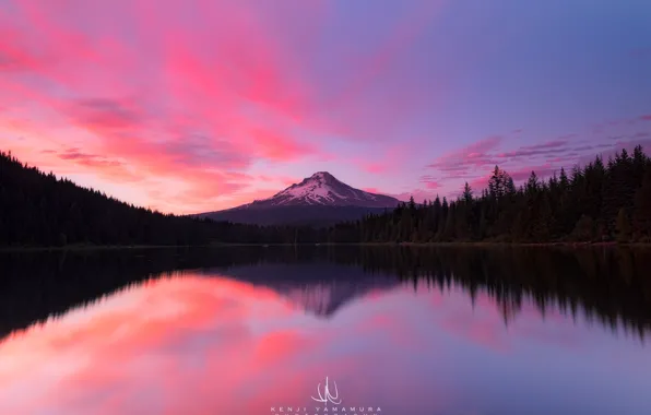 Clouds, sunset, Oregon, photographer, pond, Mount Hood, Kenji Yamamura