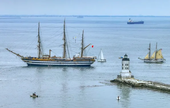 Landscape, lighthouse, ships, Amerigo Vespucci