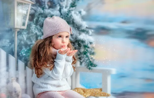 Winter, snow, snowflakes, tree, girl, lantern, child, bench