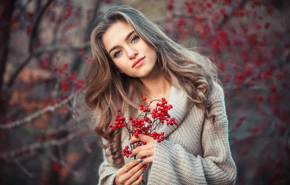 Autumn, look, girl, nature, sweater, Tatiana, hawthorn, Sergey Shatskov