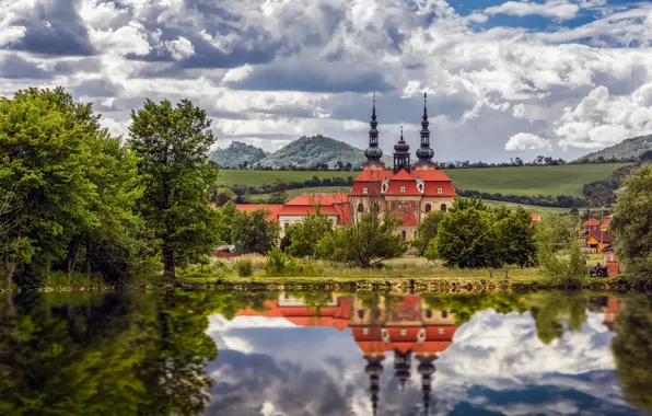 Trees, lake, pond, reflection, Czech Republic, Church, Czech Republic, Velehrad