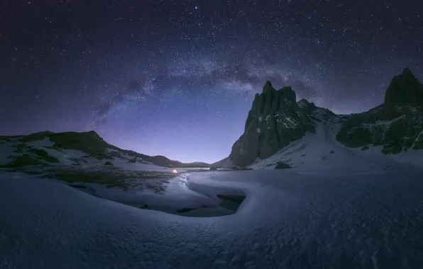 Winter, stars, snow, mountains, night, The milky way, the snow