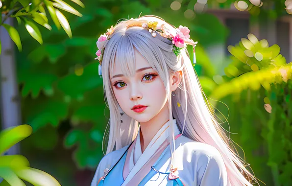 Greens, look, girl, decoration, flowers, girl, kimono, Asian