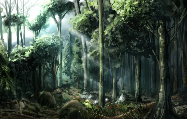 Forest, trees, flowers, art