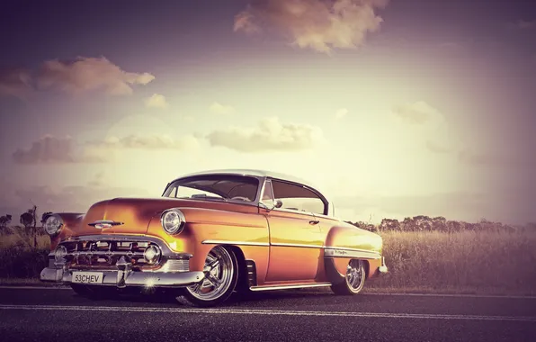 Picture field, the sky, orange, Chevrolet, Chevrolet, front, orange