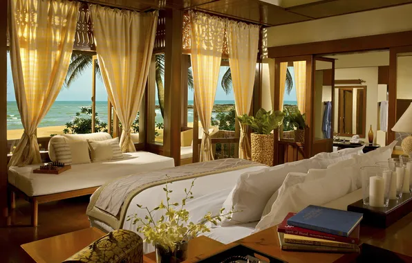 Sea, palm trees, room, books, Windows, bed, pillow, curtains