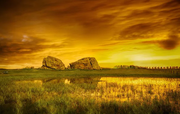 Picture the sky, clouds, stones, rocks, swamp, meadow