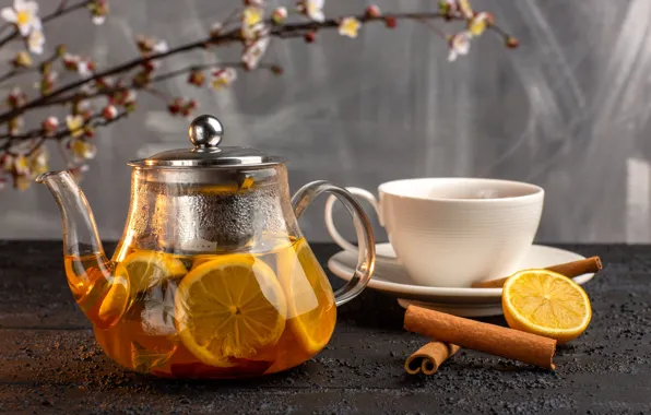 Glass, branches, table, tea, oranges, kettle, the tea party, Cup