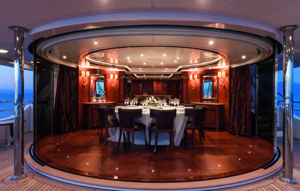 Interior, yacht, salon, dining room, superyacht, luxury yacht, checkmate, upper saloon