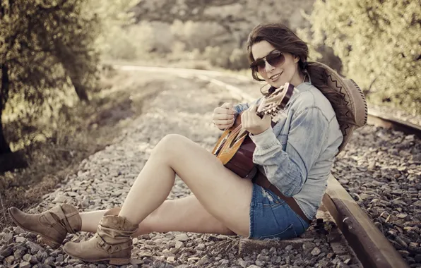 Picture girl, music, guitar, railroad