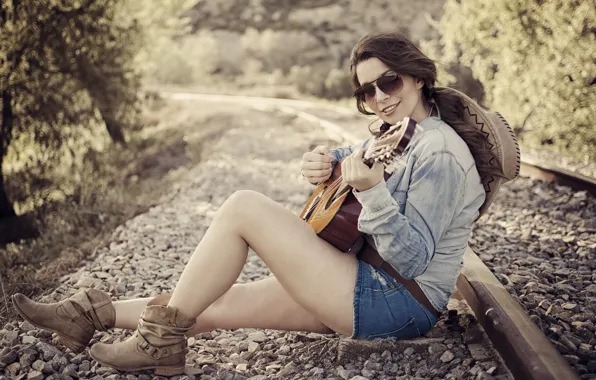 Girl, music, guitar, railroad