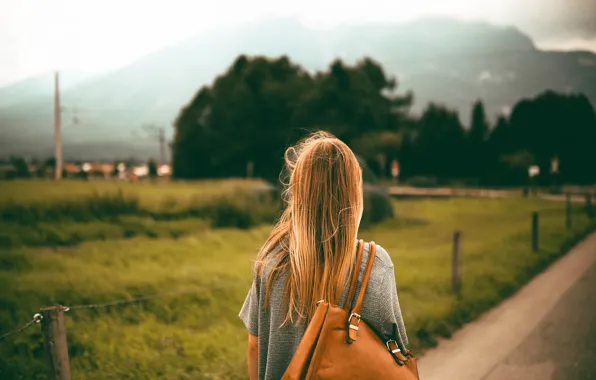 Road, girl, back, bag