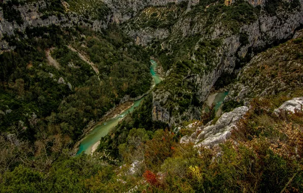 Trees, mountains, river, stones, rocks, France, Alps, canyon