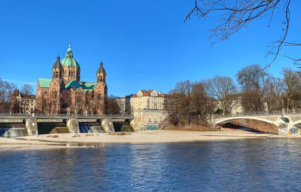 Trees, the city, river, building, home, Germany, Munich, Church