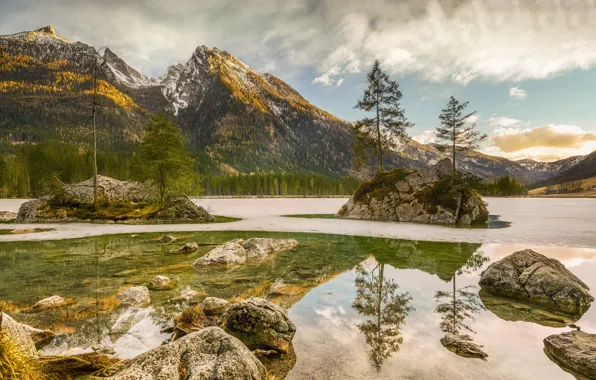 Picture autumn, forest, clouds, trees, mountains, river, stones, Germany