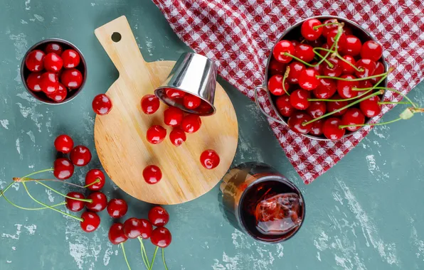 Cherry, berries, table, towel, Bank, bowl, placer, cherry