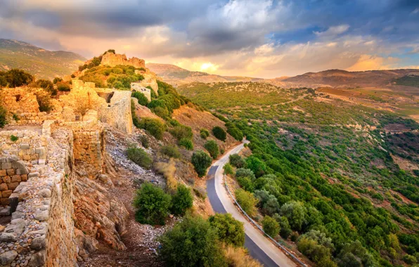 Picture road, mountains, stones, valley, the ruins, fortress, the bushes, Israel