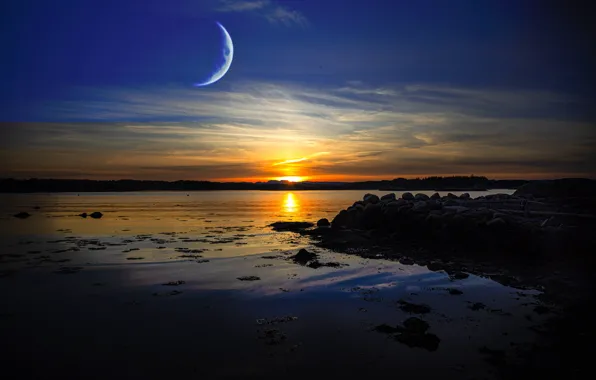 Picture sunset, night, stones, the moon, shore, twilight, pond