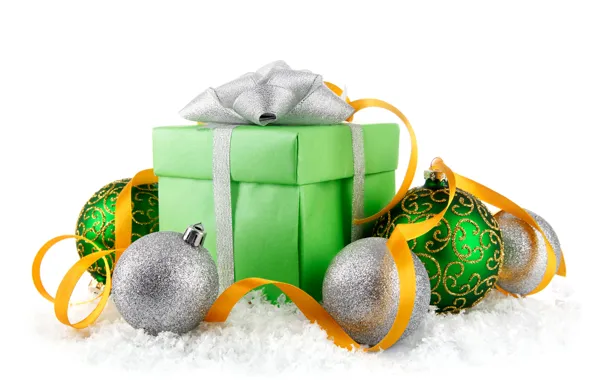 Decoration, gift, balls, New Year, Christmas, balls, snow, New Year