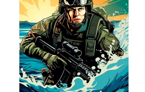 Water, Glasses, Soldiers, Machine, Art, Male, Digital art, Helmet