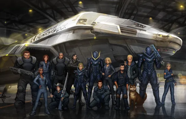 Hangar, art, team, spaceship