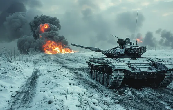 Picture Winter, Smoke, Snow, Fire, Tank, Digital art, AI art, The Art of Artificial Intelligence