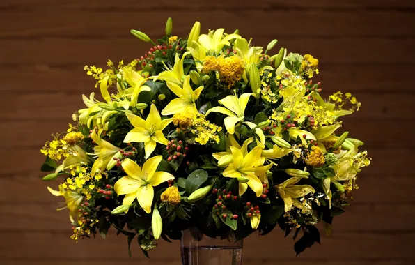 Lily, bouquet, vase, yellow flowers, yellow lilies