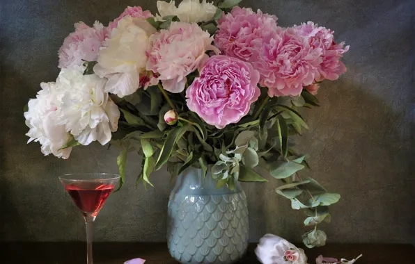 Picture flowers, glass, petals, vase, drink, still life, peonies