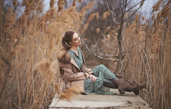 Girl, pose, mood, makeup, shoes, reed, coat, Vladimir Sereda
