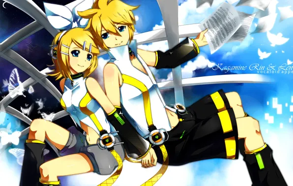 Butterfly, children, notes, anime, art, two, Vocaloid, Vocaloid