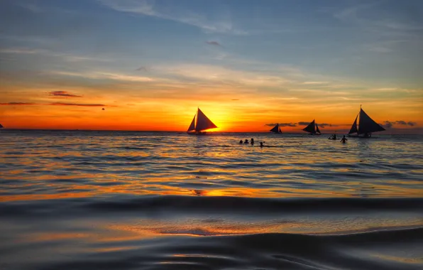 Picture sea, wave, beach, summer, the sky, sunset, shore, sailboat