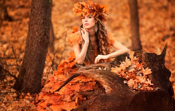 Forest, leaves, girl, wreath, autumn style, sad time